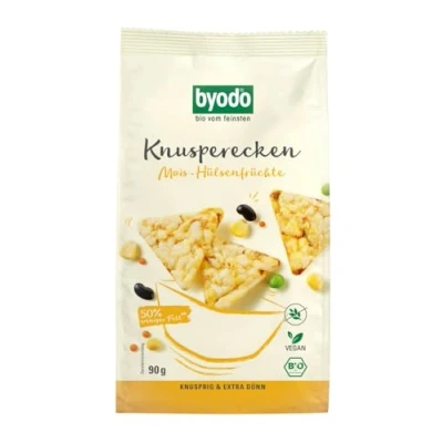Abbildung von Byodo Bio Knusperecken Mais Hülsenfrüchte 90g (6x90g) Glutenfrei, Vegan, Ohne Zuckerzusatz, Intensiv Würzig, Knusprig Gebackene Snacks, Ideal für Zwischendurch &amp; Vorrat, Gesunder Snack