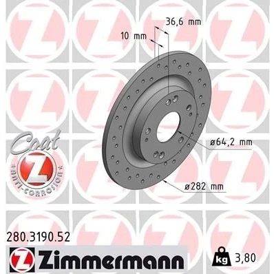 Abbildung von ZIMMERMANN 280.3190.52 Bremsscheibe 282 10 9/5 5 114 voll, gelocht beschichtet HONDA: CIVIC Schragheck, Stufenheck