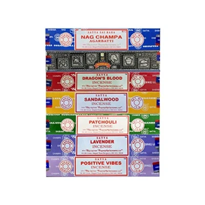 Abbildung von Satya Räucherstäbchen Geschenkset Nag Champa, Super Hit, Drachenblut, Sandelholz, Patchouli, Lavendel, Positive Vibes, 15 g