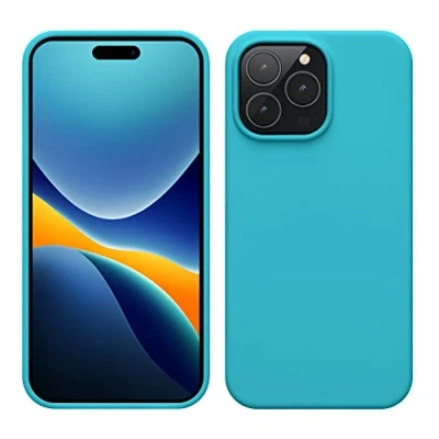 Abbildung von kwmobile Hülle für das iPhone 14 Pro Max dünnes Silikon Handy Case stoßfeste Handyhülle mit weicher Oberfläche unterstützt kabelloses Laden Cool Glacier