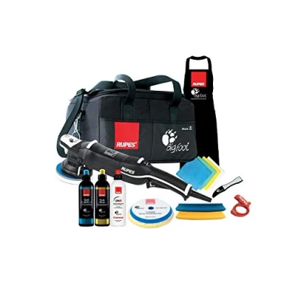 Abbildung von Rupes Random BigFoot LHR15III/LUX R Exzenterpolierer, 125 mm, luxuriöses Set mit grober und feiner Verbindung passenden Pads UNO Protect Politur Dichtstoff in Werkzeugtasche