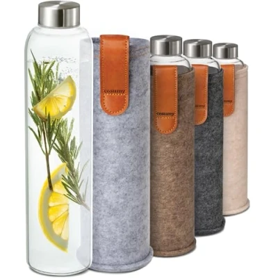 Abbildung von Cosumy Trinkflasche 750ml mit Filzhülle Robustes Borosilikatglas Auslaufsicher, Anthrazit BPA freie Wasserflasche für Kohlensäure geeignet