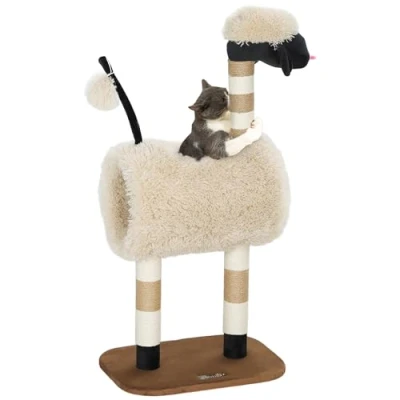 Abbildung von PawHut Kratzbaum 98 cm Katzenbaum im Schaf Design, mit Kratzpfosten, Tunnel, Spielball, für Katzen bis 5 kg, Hellbraun