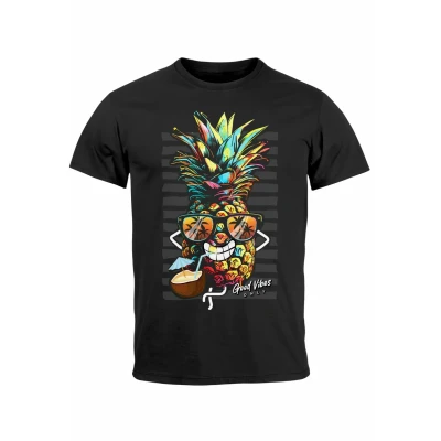 Abbildung von Neverless Ananas Sommer Sonne Party Cocktail FAS Tshirt print, Herren, Größe: XS, Schwarz