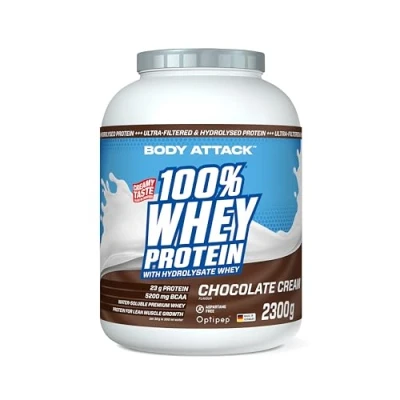 Abbildung von Body Attack 100% Whey Protein Chocolate, 2,3 kg Made in Germany extra cremiges Eiweißpulver mit Hydrolysat und BCAA&#039;s, unterstützt Muskelaufbau Diäten, für alle Sportler &amp; Athleten