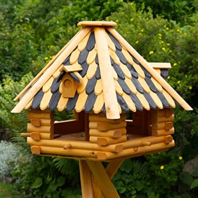 Abbildung von Deko Shop Hannusch XXL Luxus Vogelhaus wahlweise mit Solarbeleuchtung, Vogelfutterhaus aus Holz, V13 Ständer, Futtersilo, Silo (XXL, schwarz/braun Holzschindeln)