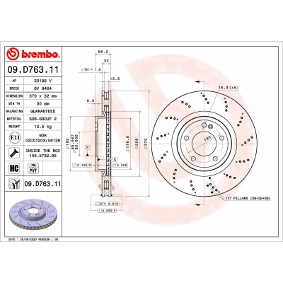 Abbildung von BREMBO 09.D763.11 Bremsscheibe 370 32 5 innenbelüftet beschichtet hochgekohlt mit Schrauben MERCEDES BENZ: G Klasse