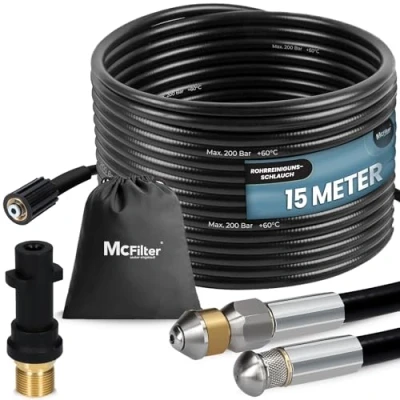 Abbildung von McFilter Rohrreinigungsschlauch, 15m, 160 200 bar, inkl. Adapter, Düsen starr + rotierend, kompatibel mit Kärcher K2, K3, K4, K5, K6, K7 Hochdruckreiniger