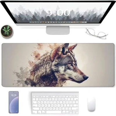 Abbildung von YALNSENN Large Weiches Gaming Mauspad für schnelle Spielstile und optimale Kontrolle 1000x500, Texturierter Stoff aus Mikrogewebe, Rutschfestes Gummi Aquarell Wolf