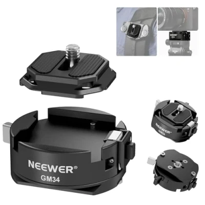 Abbildung von Neewer GM34 Kamera Schnellwechselplatten Set, Schnellschalter, automatische Verriegelung, quadratische QR Halterungsplatte mit Arca Typ Klemmbasis, kompatibel Swiss Peak Design Capture V3