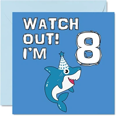 Abbildung von Stuff4 Karte zum 8. Geburtstag Junge Shark Watch Out Alles Gute Geburtstagskarte 8 Jahre alter Junge, Jungenkarten für Ihn, 145mm, Grußkarte Sohn, Bruder, Enkel, Neffe, achter