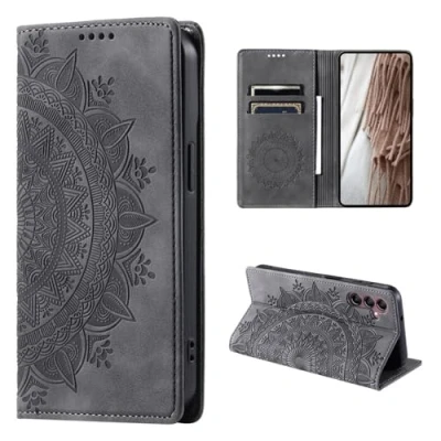 Abbildung von CoverKingz Handyhülle für Samsung Galaxy S24+ Handytasche mit Kartenfach Phone Case Cover Handy Hülle klappbar Motiv Mandala Grau