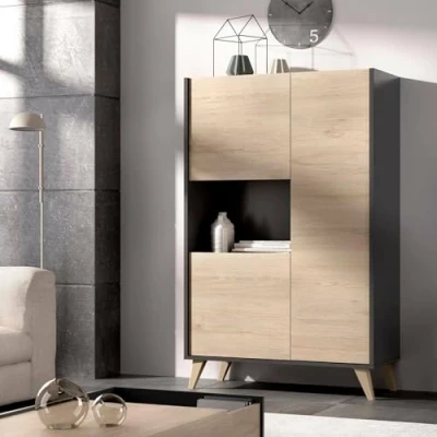 Abbildung von Dmora Boario, Hochschrank für Wohnzimmer, modernes Sideboard mit 3 Türen, 81 x 43 135 cm, Eiche und Anthrazit, Technisches Holz