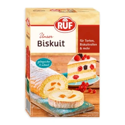 Abbildung von RUF Biskuit Teig, Backmischung für einen saftigen Biskuitteig, gelingsicher und schnell zubereitet, zur Herstellung von Biskuitrollen, Biskuitkuchen oder Tortenboden, 1 x 250g