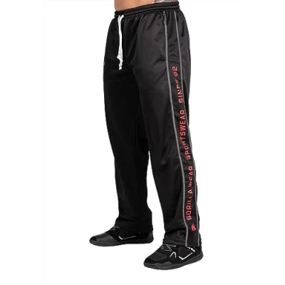 Abbildung von Gorilla Wear Functional Mesh Pants schwarz/rot Bodybuilding und Fitness Hose für Herren mit Logo Aufdruck zum Sport Alltag Freizeit Joggen Laufen bequem leicht, XXL 3XL