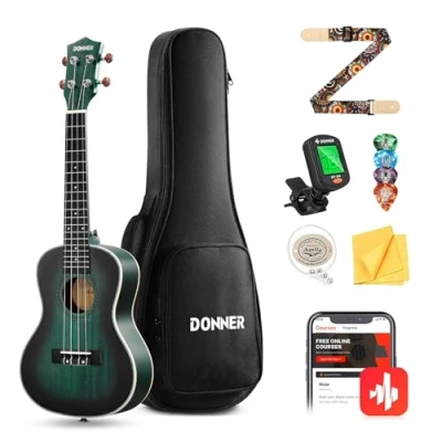 Abbildung von Donner Konzert Ukulele Professional Kit 23 Zoll Mahagoni Ukelele für Anfänger Erwachsene Kinder Ukele Bundle mit Online Lektion Gig Bag Aquila String Pick Tuner Strap Cloth, DUC 200B Blau