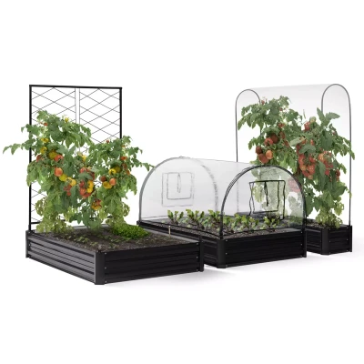Abbildung von IDMarket Komplettes Set mit 3 modularen Metallwannen, quadratisch, Gemüsegarten und Tomatengewächshaus + Gitter Abdeckung