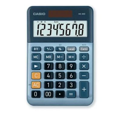 Abbildung von Casio Tischrechner MS 80E 8 stellig Währungsumrechnung Aluminiumfront Schnellkorrekturtaste Solar /Batteriebetrieb