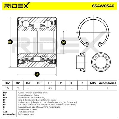 Abbildung von RIDEX 654W0540 Radlagersatz Hinterachse beidseitig mit Anbaumaterial 55 MERCEDES BENZ: A Klasse, Vaneo
