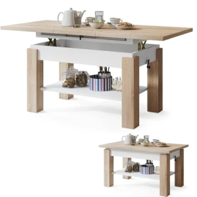 Abbildung von All4All Couchtisch Astra Kaffeetisch Wohnzimmertisch Sofatisch mit Ablage höhenverstellbar kompakte Größe 110x68cm 05 Sonoma Eiche + WEIß