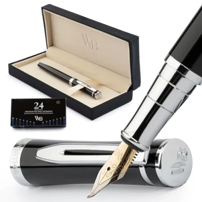 Abbildung von Wordsworth &amp; Black Füllfederhalter set, Gebogene Spitze, Inklusive 24 Tintenpatronen, Tintennachfüllkonverter Und Geschenkbox, Chrom finish, Kalligraphie [Schwarz chrom]