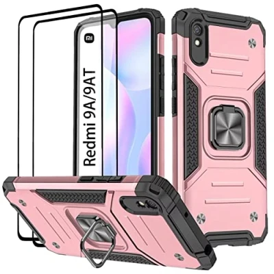 Abbildung von KANSi Hülle kompatibel für Xiaomi Redmi 9A / 9AT, Schutzfolie [2 Stück] Silikon TPU Hart PC Handy Hüllen 360 Grad Drehbar Ringhalter Bumper Stoßdämpfung Schutzhülle Rosé Gold