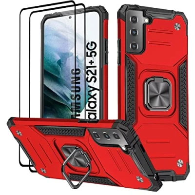 Abbildung von KANSi Hülle für Samsung Galaxy S21 Plus 5G, Schutzfolie [2 Stück] Silikon TPU Hart PC Handy Hüllen 360 Grad Drehbar Ringhalter Bumper Stoßdämpfung Schutzhülle Rote