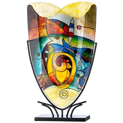 Abbildung von GILDE GLAS art Deko Vase auf schwarzem Metall Ständer Kunstobjekt handbemalt Mehrfarbig Höhe 58 cm