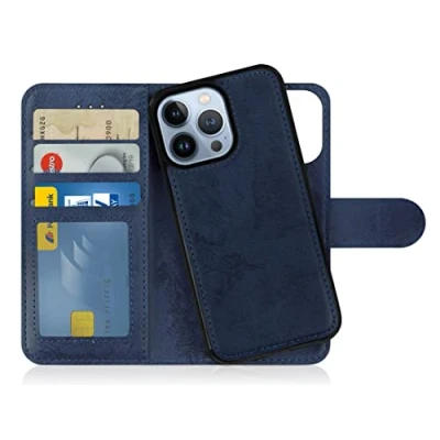 Abbildung von MyGadget Flip Case für iPhone 13 Pro [ abnehmbare Magnet Hülle ] Handyhülle aus Kunstleder Klapphülle mit Kartenfach Schutzhülle in Dunkelblau