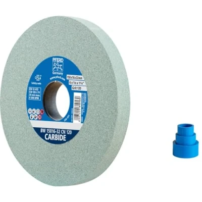 Abbildung von PFERD Schleifbockscheibe CARBIDE, 150x16x32mm, SiC 120, 39008421 Weiche, aggressive Schleifscheibe für harte Materialien, z. B. Hartmetall, mit Reduzierhülsen (25/20/16mm)