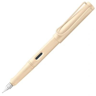 Abbildung von LAMY safari moderner Füllhalter 020 aus robustem Kunststoff in cream mit ergonomischem Griff und Stahlfeder Stichbreite F, inkl. Tintenpatrone T 10 blau