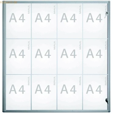 Abbildung von Maul Schaukasten A4 MAULextraslim Vitrine mit 12 x DIN Seiten Infotafel Aluminiumrahmen und Glastür Platzsparende Flache Bauweise Abschließbar Schloss Aluminium