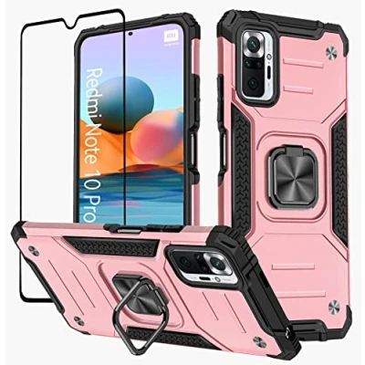 Abbildung von KANSi Hülle kompatibel für Xiaomi Redmi Note 10 Pro, Schutzfolie + Silikon TPU Hart PC Handy Hüllen 360 Grad Drehbar Ringhalter Bumper Stoßdämpfung Schutzhülle Rosé Gold