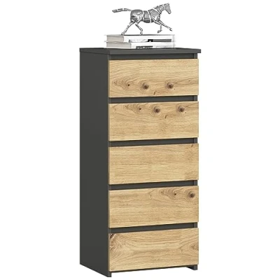 Abbildung von AKORD Kommode mit 5 Schubladen Rollschubladen Schubladenschrank Kleiderschrank Sideboard Ablage Robust Universal Design Graphitgrau Artisan Eiche