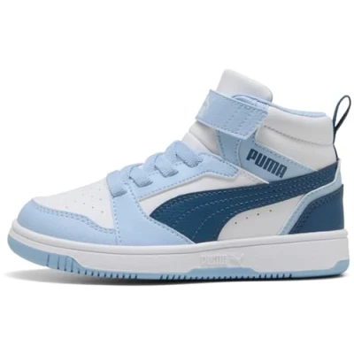 Abbildung von Puma Rebound V6 MID Unisex Sneaker high für Kinder, Größe: 34, White/dark indigo/haute tropic Schuhe