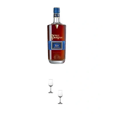 Abbildung von Polignac Cognac XO Frankreich 0,7 Liter + Nosing Gläser Kelchglas Bugatti mit Eichstrich 2cl und 4cl 2 Stück