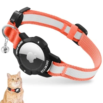 Abbildung von Leuchtend Airtag Katzenhalsband, Kätzchenhalsband mit Apple Hülle,Verstellbar Halsband Katze Sicherheitsverschluss &amp; Elastischer (Orange, (Kätzchen18 26cm))