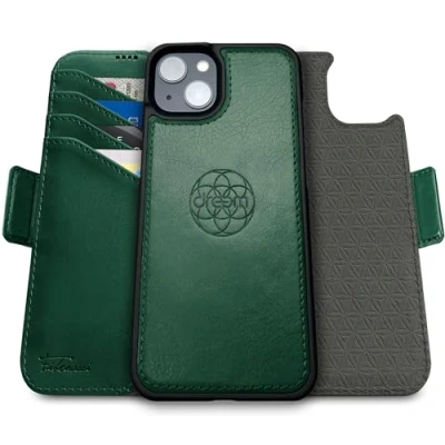 Abbildung von Dreem Fibonacci kompatibel mit iPhone 15 Brieftaschen Etui / 2 in 1 stoßfestes und abnehmbares Folio aus veganem Leder, MagSafe kompatibel, RFID Schutz [Grün]