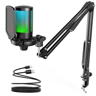 Abbildung von FIFINE Mikrofon USB Streaming mit Arm Kondensator Set PC Gaming RGB, Stummschalttaste, Popfilter und Stoßdämpferhalterung, Schwarz