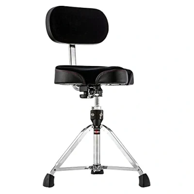 Abbildung von Gibraltar Schlagzeughocker, Drumhocker 9000 Series Moto Saddle mit Backrest Pro Series, 9608MB (Durchmesser: 42cm, Vinyl Sitzfläche, Super Lock, doppelstrebige Basis, &#039;Super Foot&#039; Gummifüße)