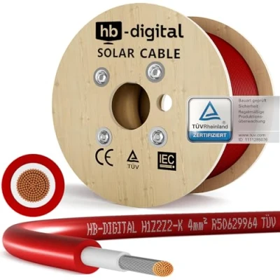 Abbildung von HB DIGITAL 300m Solarkabel H1Z2Z2 K TÜV Rheinland zertifiziertes 4mm² flexibel UV witterungsbeständig PV Kabel reines Kupfer 1500V DC für Solarpanel Wechselrichter Photovoltaik Rot