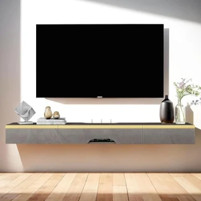Abbildung von Pmnianhua TV Board Hängend, Schrank Lowboard, Modern Fernsehschrank, Multimedia Wandregal Großer Speicher mit 1 Tür und 2 Schubladen für Wohnzimmer Schlafzimmer &amp; Büro (170cm, Dunkelgrau)