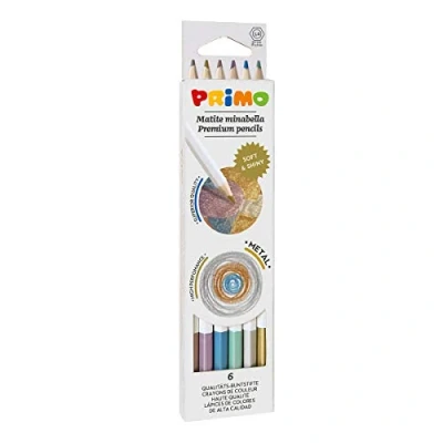 Abbildung von Morocolor PRIMO, Minabella Metal, 6 sechseckige Buntstifte, Lackierte Metallstifte mit metallischen und intensiven Farben, Dicke widerstandsfähige Mine, Geeignet für Kinder Künstler, Sicher