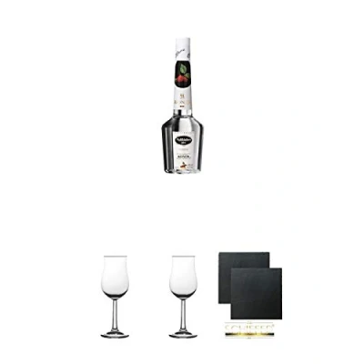 Abbildung von Roner Waldhimbeergeist Südtirol Italien 0,7 Liter + 2 Bugatti Nosing Gläser mit Eichstrich 2cl und 4cl Schiefer Glasuntersetzer eckig ca. 9,5 cm Ø