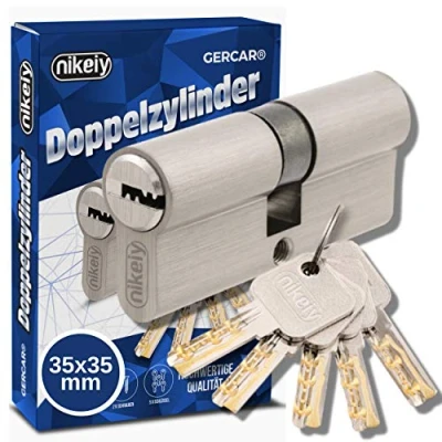 Abbildung von GERCAR Pro 70 mm Schließzylinder Profilzylinder 35/35 Massiver Doppelzylinder Zylinderschloss Türschloss aus Messing Vernickelt inkl. 5 Schlüssel Wendeschlüssel A:35 B:35 1er Set