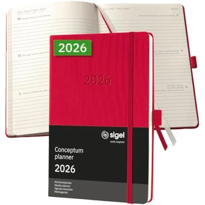 Abbildung von SIGEL C2664 Wochenplaner Wochenkalender 2026, ca. A5, rot, Hardcover, 192 Seiten, Gummiband, Stiftschlaufe, Archivtasche, aus nachhaltigem Papier, Conceptum