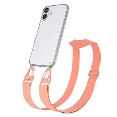 Abbildung von EAZY CASE Handykette mit breitem Band kompatibel iPhone 16 Plus dünne Handyhülle für Apple Hülle Silikon Fallschutz Kette zum Umhängen in Korall Clips