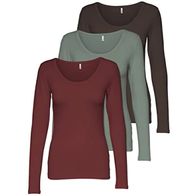 Abbildung von ONLY 3 PACK Langarmshirt, Damen, Größe: XS, Mottled berry