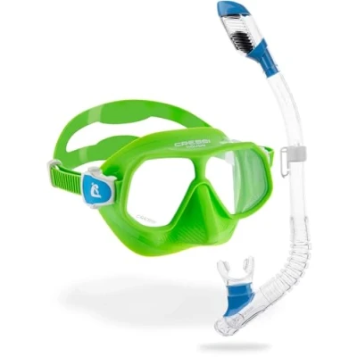 Abbildung von CRESSI Unisex Youth Lime Clear Blue Combo Set Junior Rombo Tauchmaske und Schnorchel Mini Dry, Limette Azur/Klar Blau, Einheitsgröße