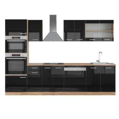 Abbildung von Vicco Küchenzeile R Line, Schwarz Hochglanz/Goldkraft Eiche, 300 cm mit Hochschrank, AP Eiche